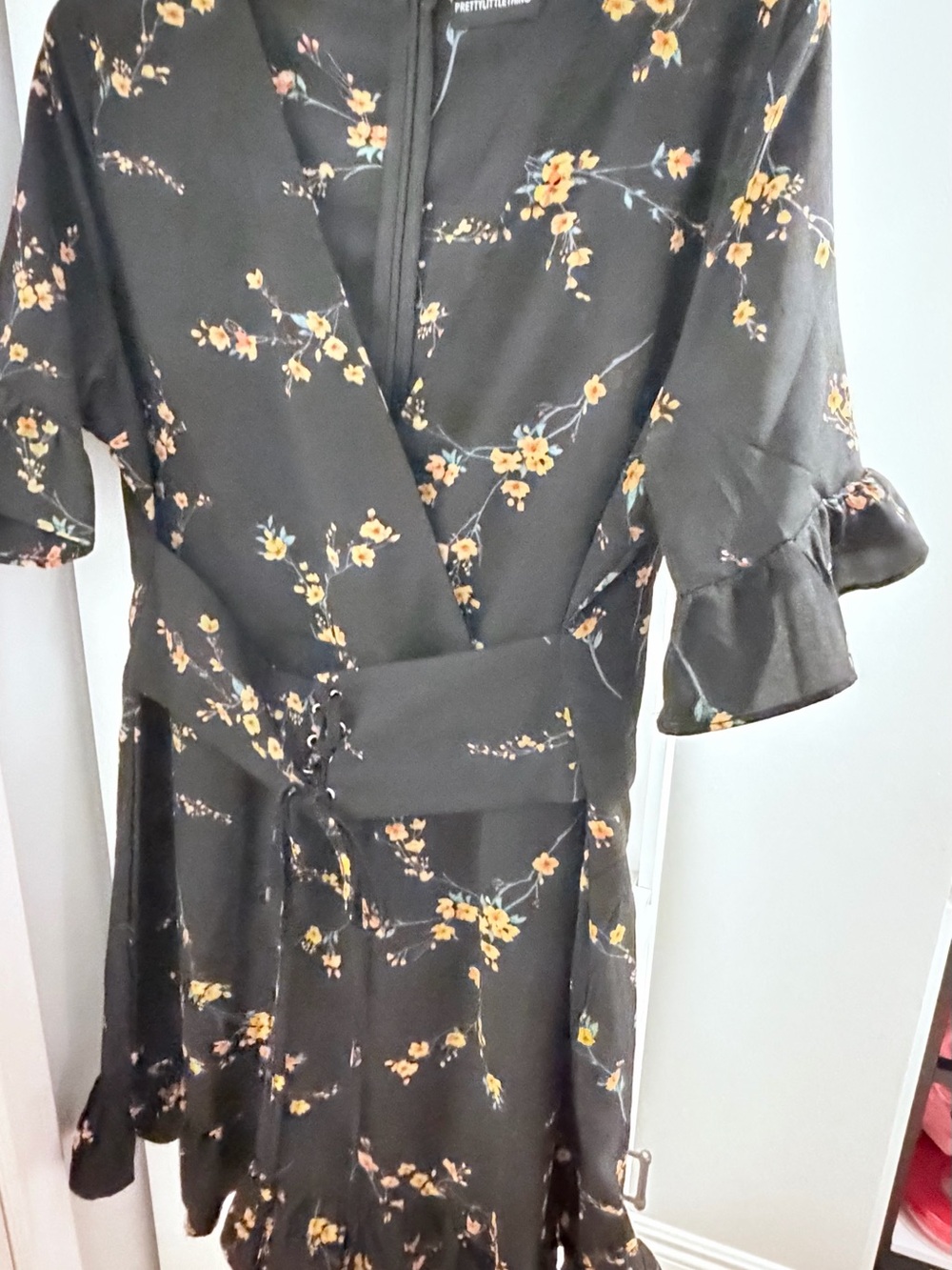 PrettyLittleThing Black Wrap Midi Dress with Yellow Floral Print